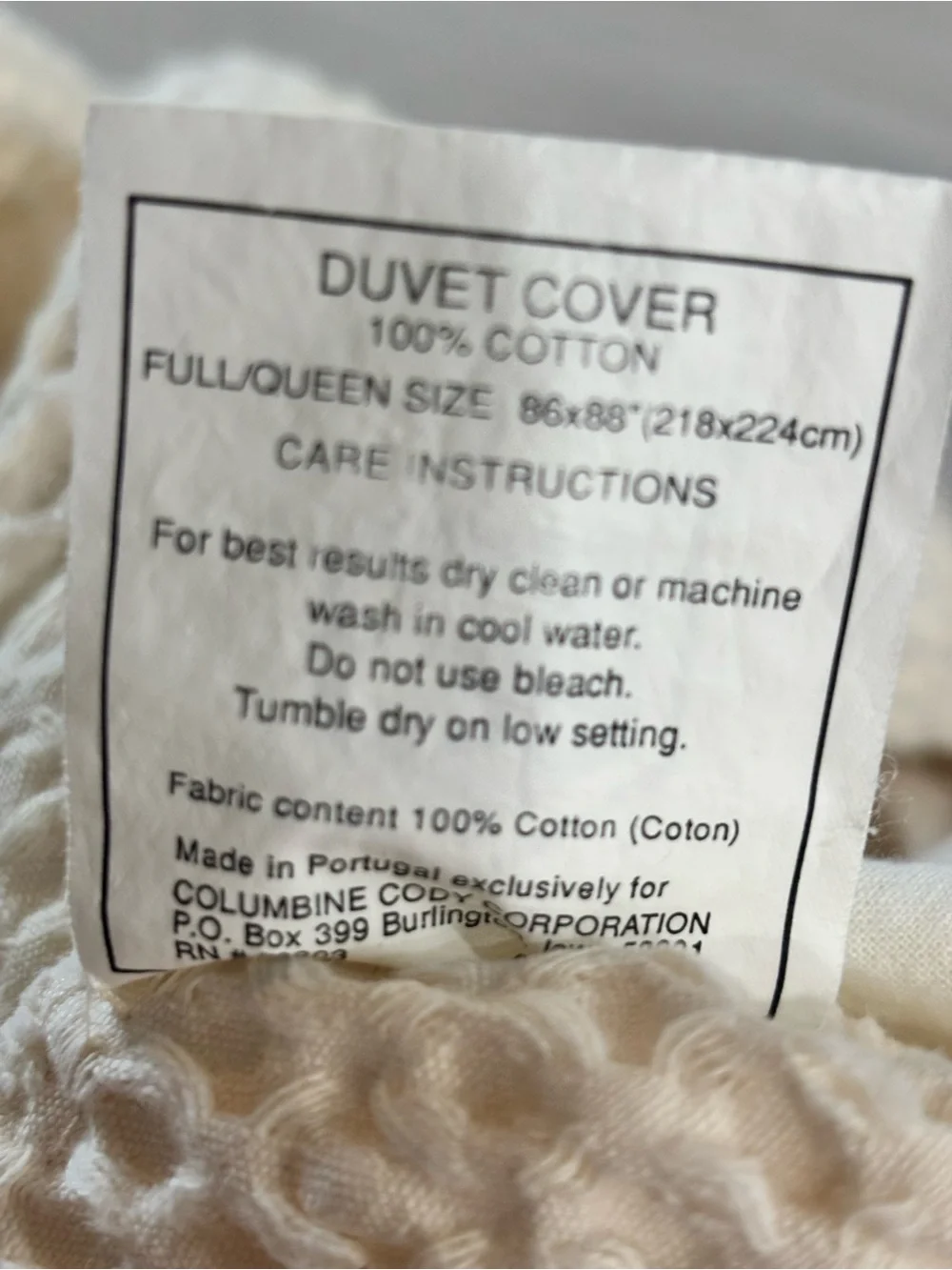 COLUMBINE CODY Ivory WAFFLE WEAVE Textured Duvet Cover Portugal Full/Queen